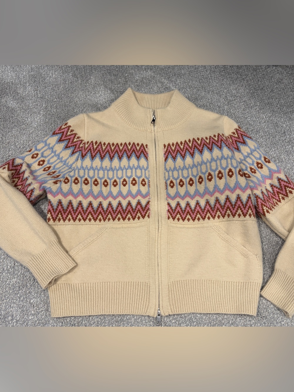 &Merci Cream Zip-Up Fair Isle Knit Cardigan medium